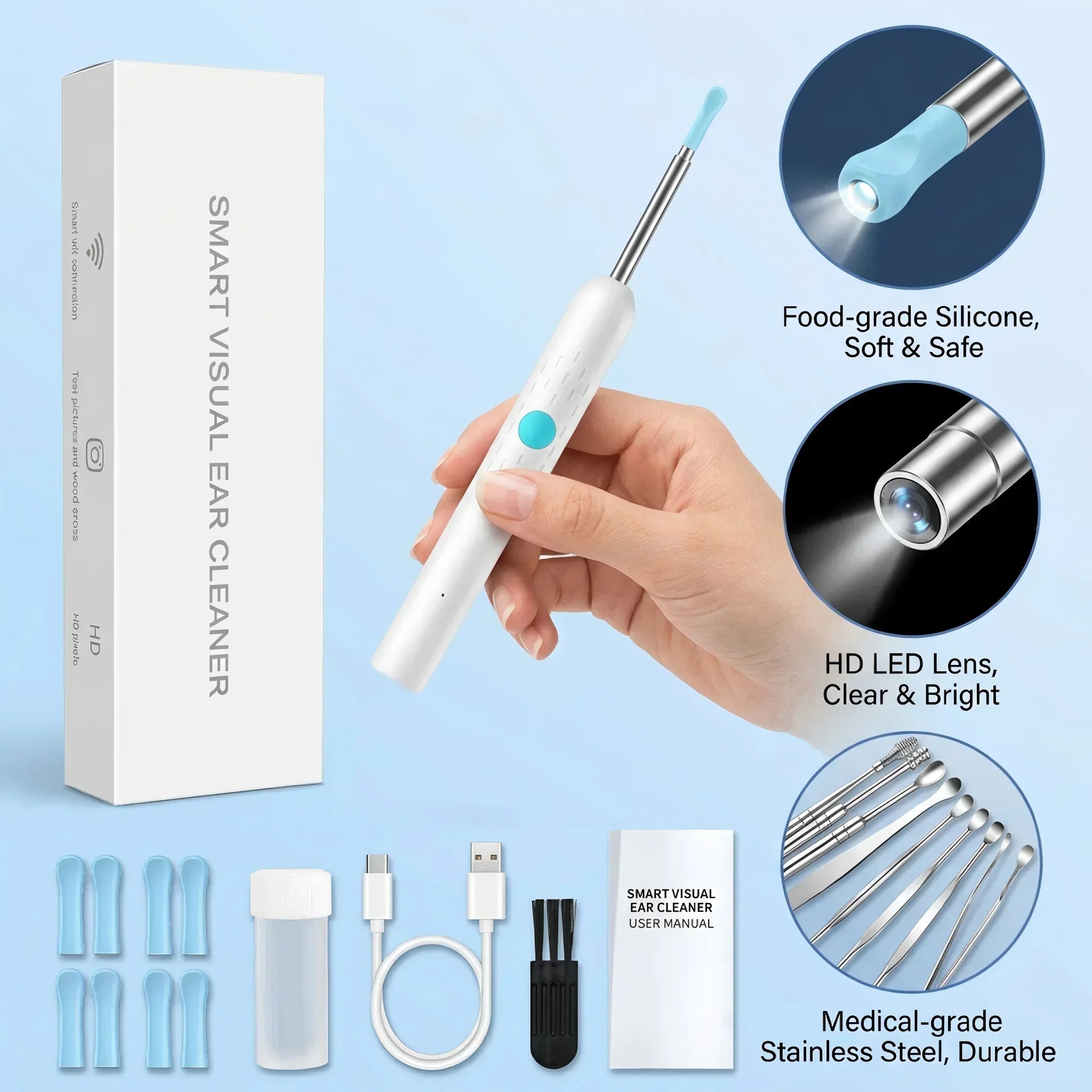 HD Wireless Ear Cleaning Camera Kit with Smart Visual Earwax Remover HD Camera Display For Clear & Accurate Ear Cleaning Safe & Gentle Earwax Removal With Soft Silicone Tips Wireless Connectivity With Android & iOS Mobile Support