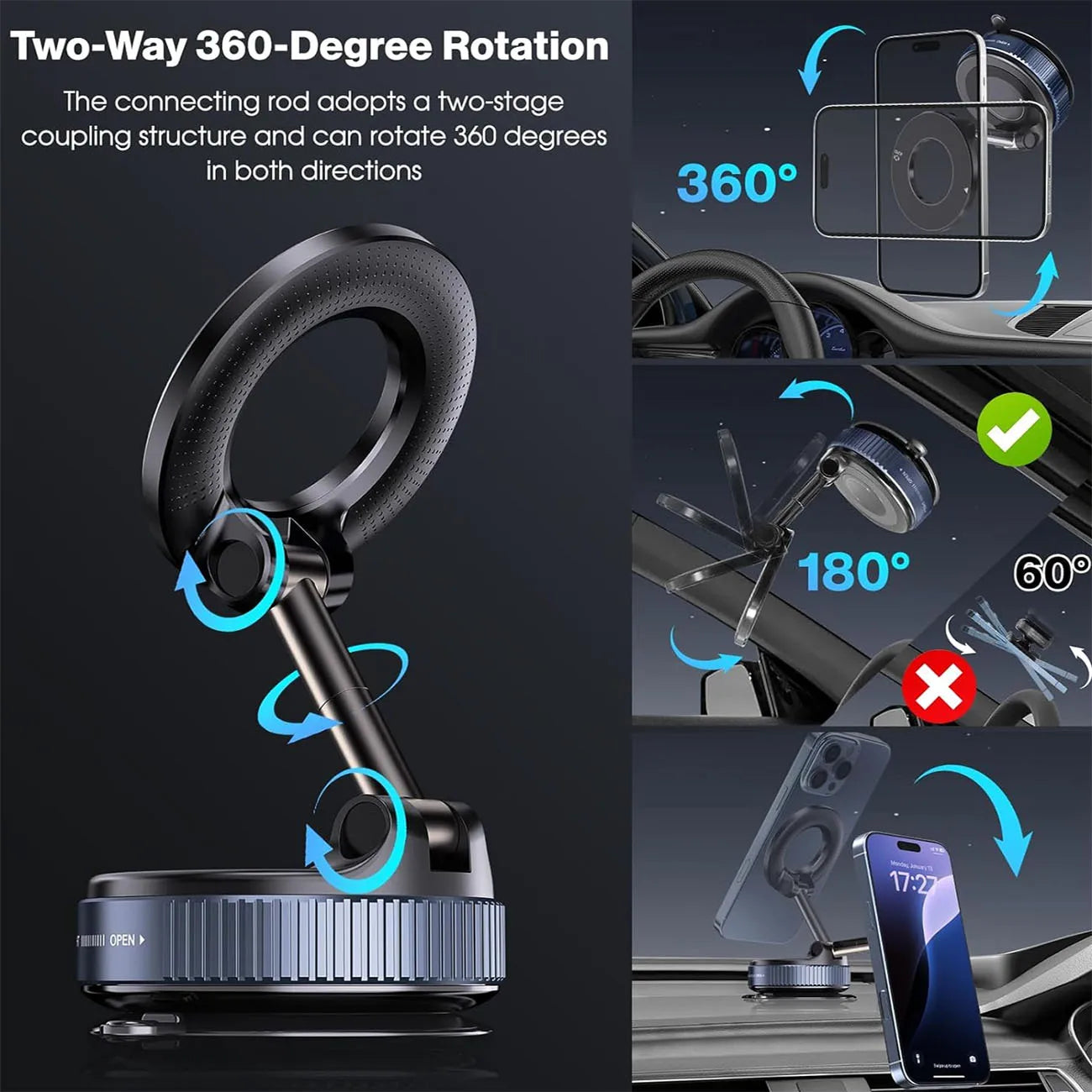 360° Magnetic Phone Holder with Foldable Suction Mount for Car & Desk Strong Magnetic Hold For Secure Phone Placement 360 Degree Rotation For Flexible Viewing Angles Foldable & Compact Design For Easy Storage